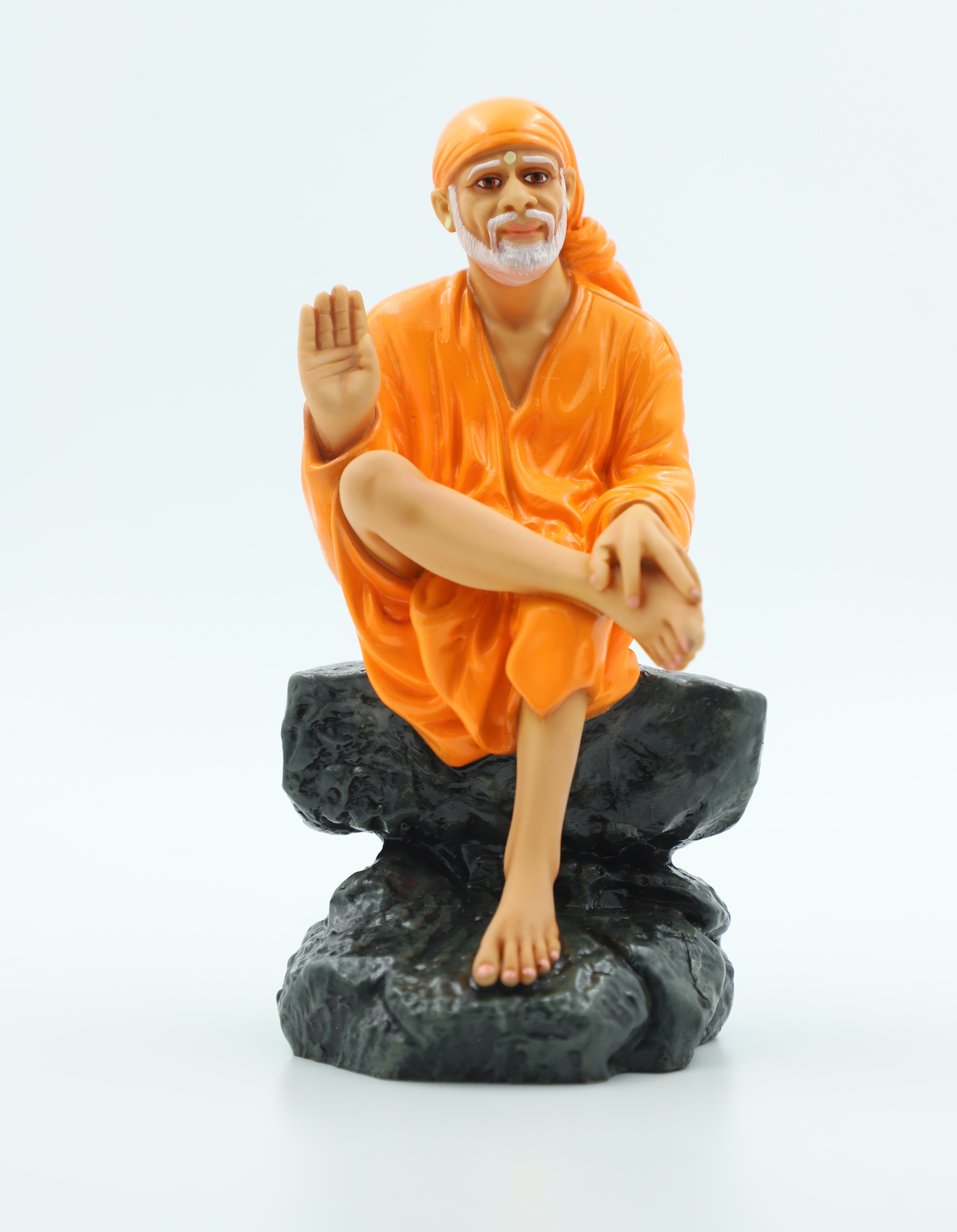 🙏 Hemant Art Shirdi Sai Baba Idol🛕 – Sitting on Stone, Aashirwad Hand – 6.5 Inch (Orange ), Handcrafted Resin Murti